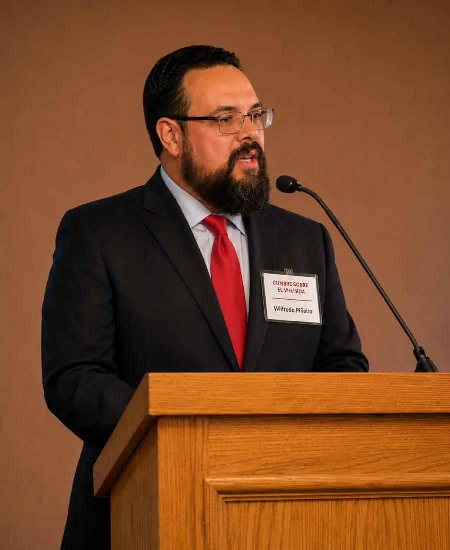 Wilfredo speaking at a podium, wearing a Cumbre sobre el VIH/SIDA name badge